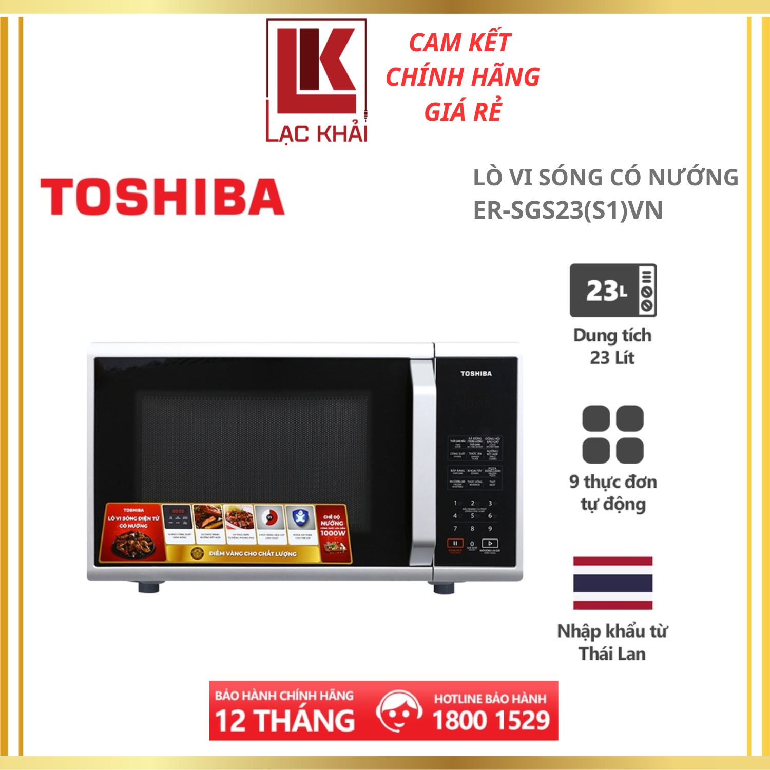 Lò vi sóng Toshiba ER-SGS23VN - Dung tích 23L - Xuất xứ Thái Lan - Có chức năng nướng - Điện tử - Công suất 800W - Hàng chính hãng, bảo hành 12 tháng, chất lượng Nhật Bản