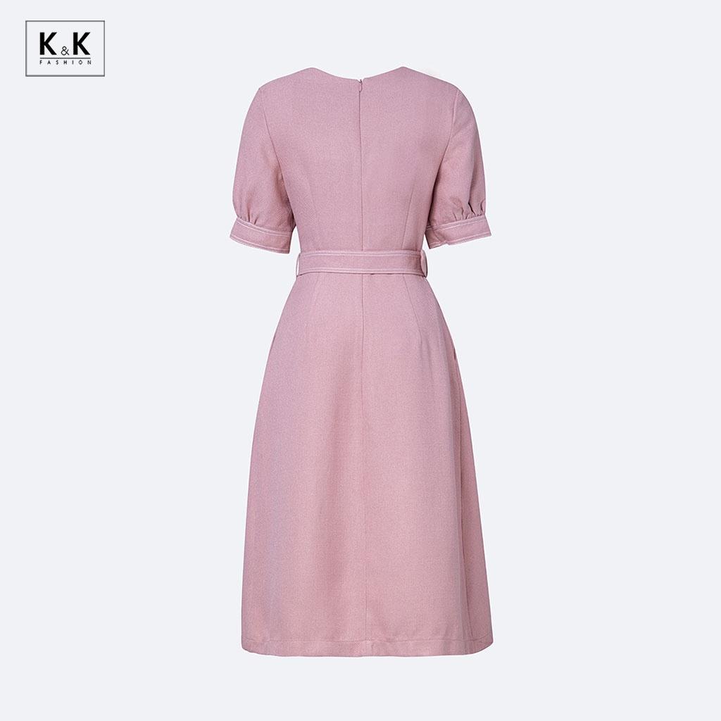 Đầm Công Sở Dáng Xòe Phối Đai Eo K&K Fashion KK115-31 Chất Liệu Cotton Chéo