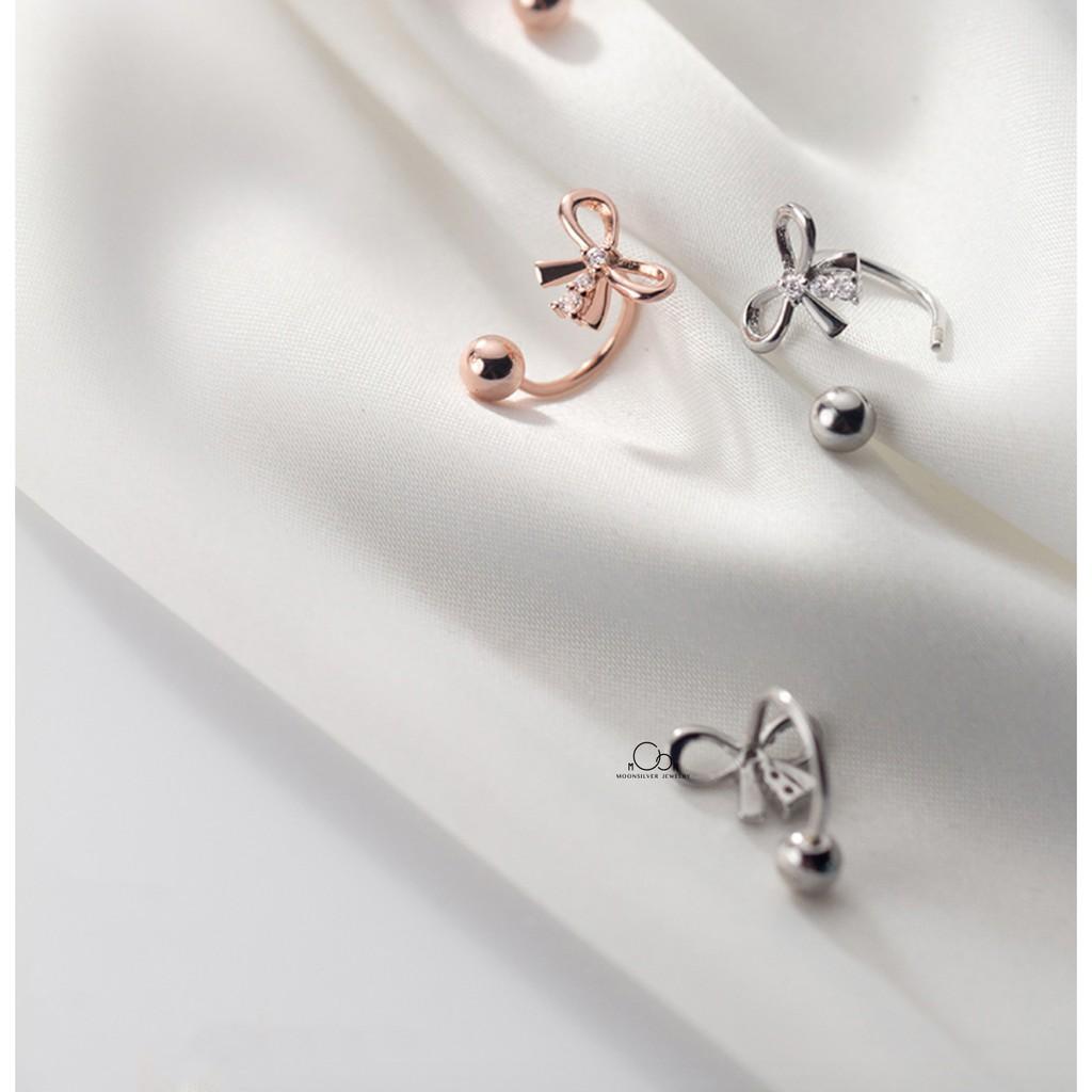 Khuyên tai bạc moonsilver, bông tai bạc nữ hình nơ chốt bi đẹp