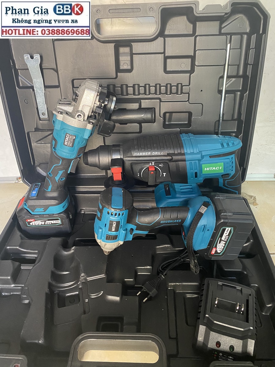 Bộ Combo 3 Trong 1 Gồm Máy Khoan Đục Bê Tông, Máy Mài Và Máy Siết Bulong Dùng Pin 199V, 2 Pin 15 Cell, Động Cơ Không Chổi Than 100% Lõi Đồng