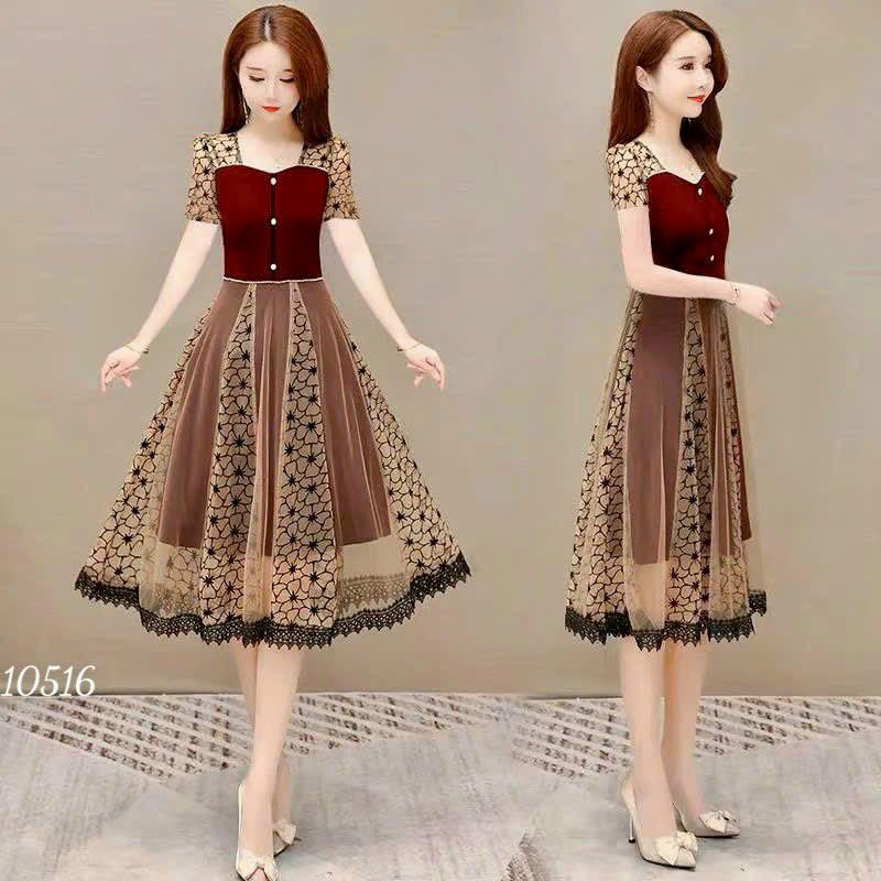 Đầm váy nữ trung niên phối lưới hoa dự tiệc dạo phố đỏ đen sang trọng nhẹ nhàng