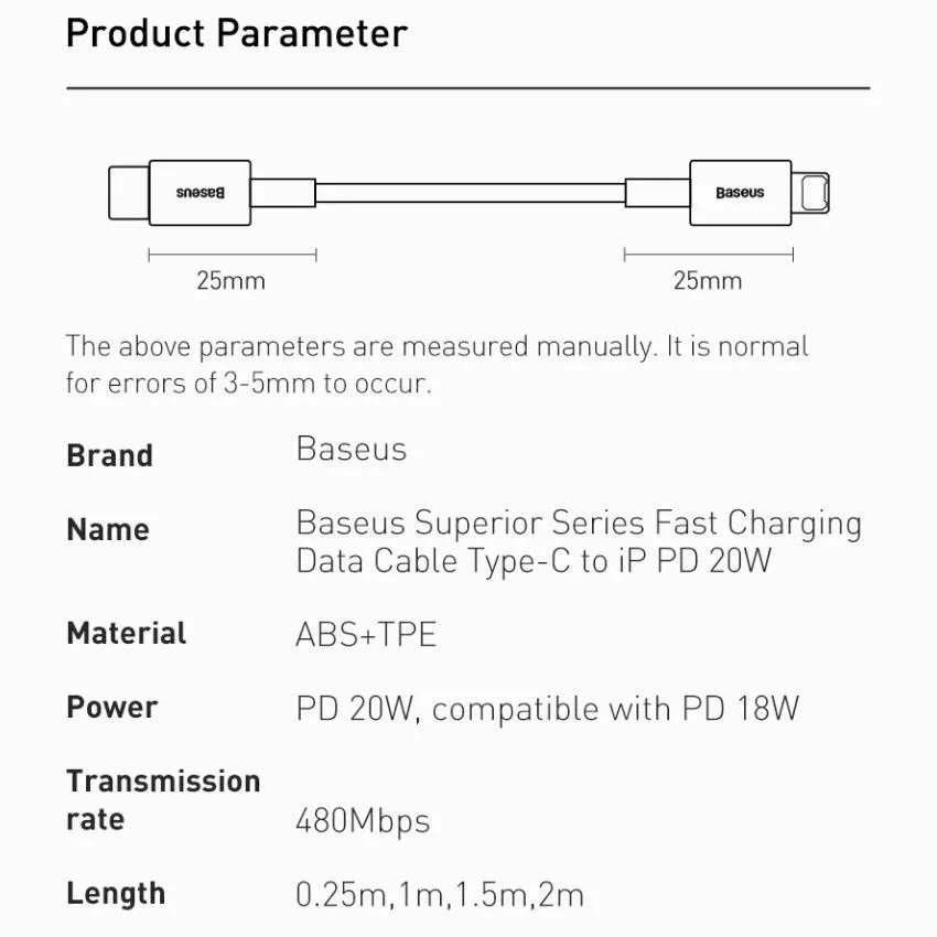 Cáp sạc nhanh siêu bền IP 20W Baseus Superior Series Fast Charging Data Cable Type-C to iP PD (480Mbps)-Hỗ trợ sạc nhanh PD 20W dành cho iPhone 13/ Iphone 14 / PD 18W dành cho iP11/ iP XS Max- Hàng chính hãng
