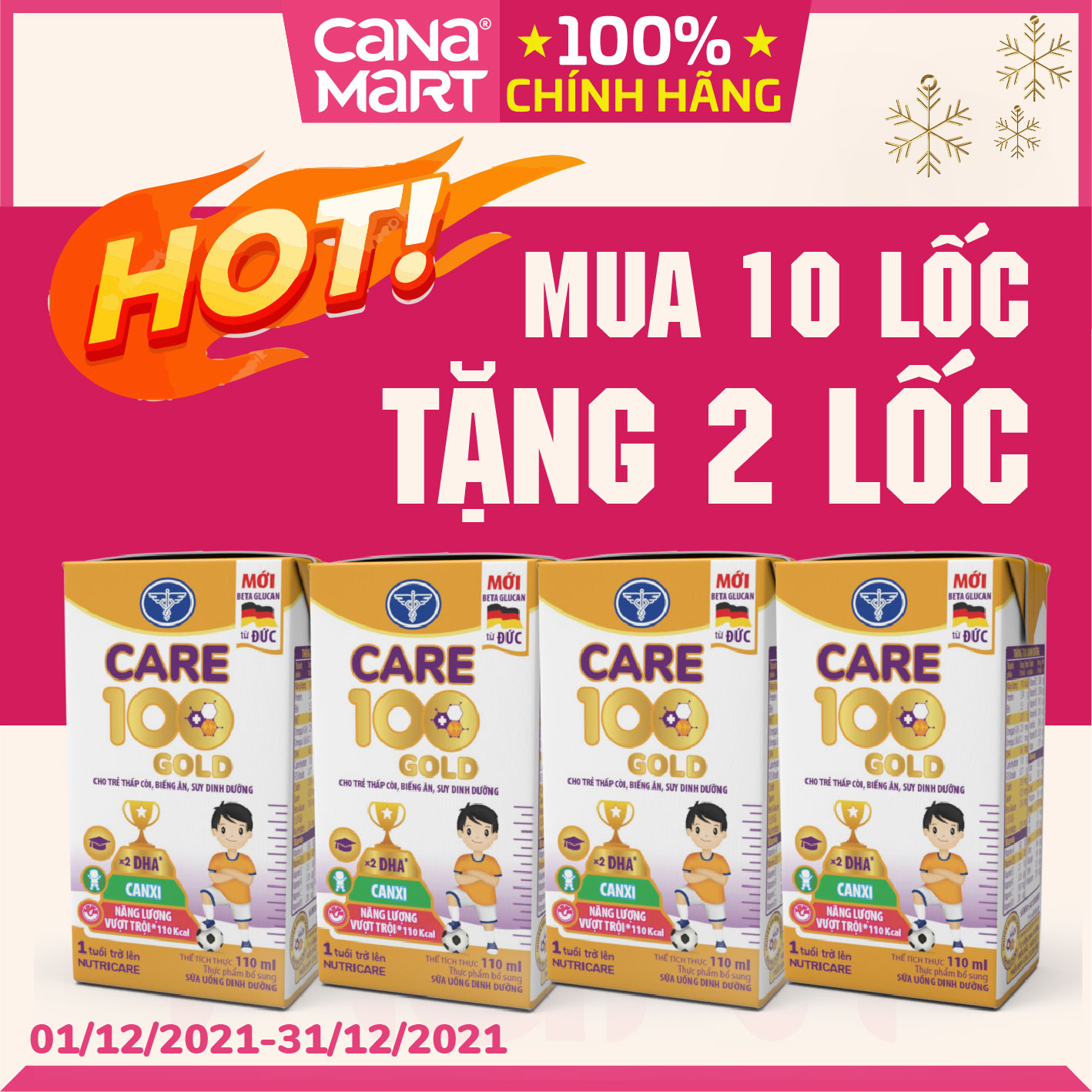Thùng sữa nước pha sẵn Nutricare Care 100 GOLD cho trẻ thấp còi, biếng ăn từ 1 tuổi