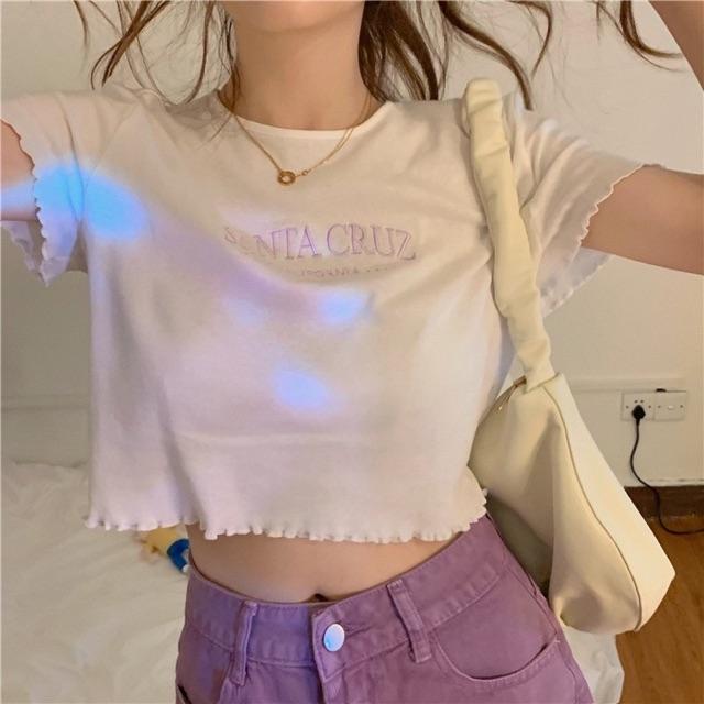 Áo Croptop In Chữ Cruz Viền Bèo Áo Ngắn Nữ Hai Màu Siêu Xinh