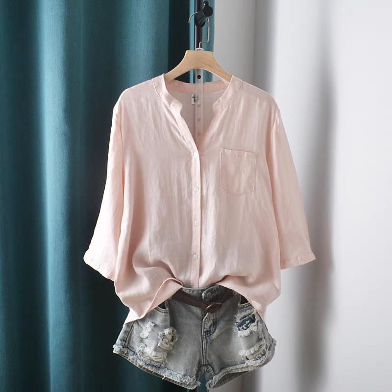 Áo sơ mi nữ cổ tàu tay lỡ, chất đũi mềm mát, màu sắc trẻ trung cho nữ Sm200