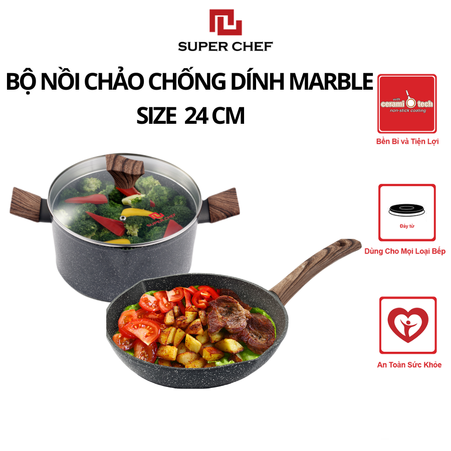 Bộ nồi chảo chống dính Marble Super Chef Tiện Lợi, Bền Bỉ NCM24