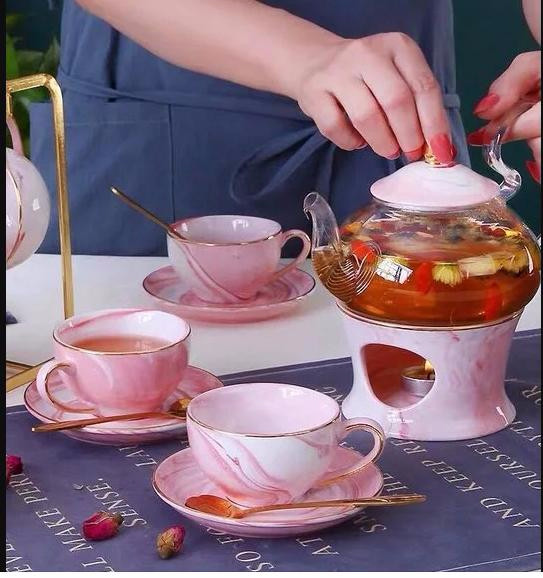 Bộ ấm trà nến hồng Pastel kèm kệ treo chén