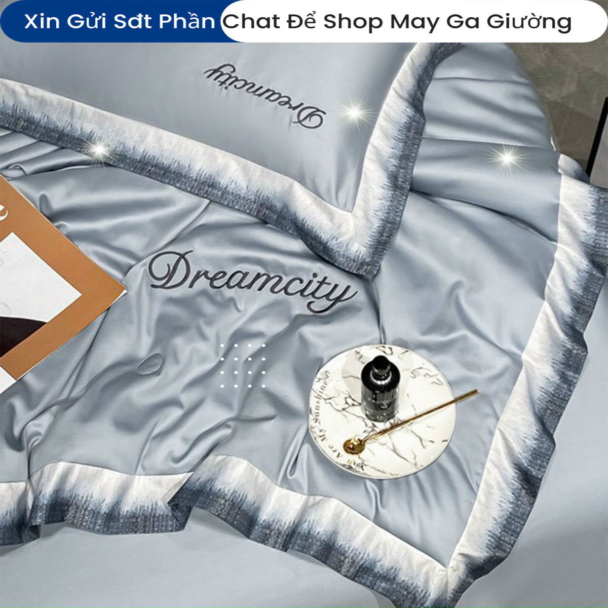 Bộ Chăn Ga Gối Đệm Lụa 5 Món Tencel Dream City Cao Cấp Chăn Chần Bông Lụa Mềm