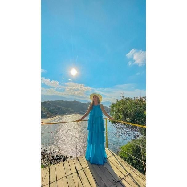Đầm maxi cổ yếm đính hoa nối tầng thắt nơ đi biển Váy đi chơi biển du lịch 2 lớp giá rẻ G5