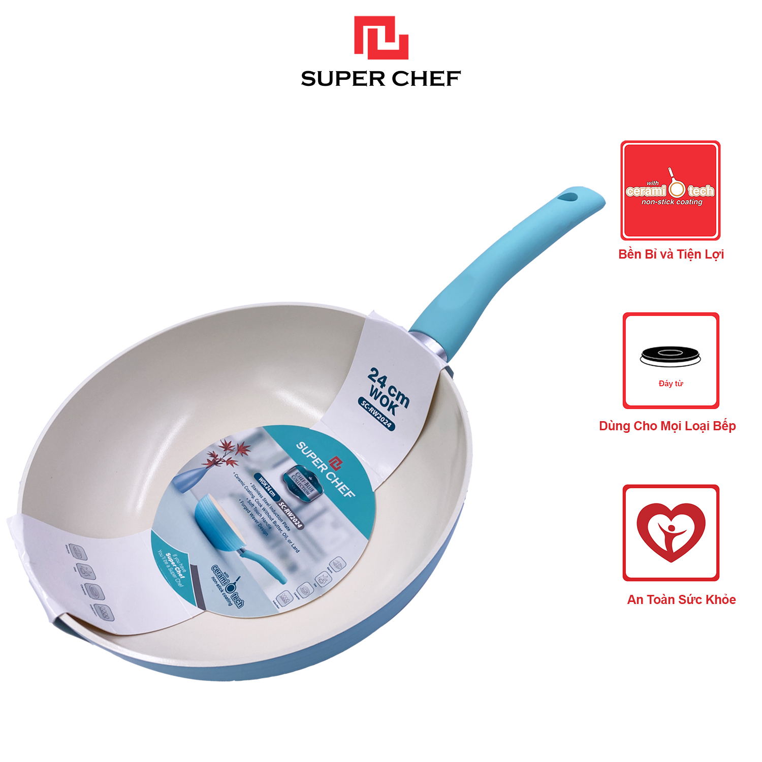 Chảo Xào Chống Dính Ceramic Đáy Từ Chef Blue Thiết Kế Vân Sóng Mới, Sang Trọng Đảm Bảo An Toàn Sức Khỏe, Siêu Bền Bỉ, Không Bong Tróc Size 24cm