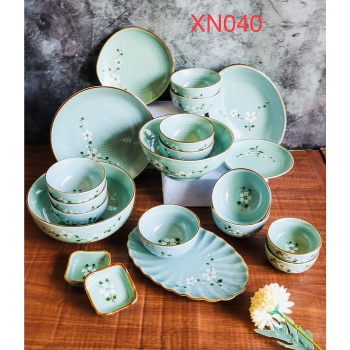 Set bát đĩa 21 món, men xanh ngọc. Gốm sứ Bát Tràng.