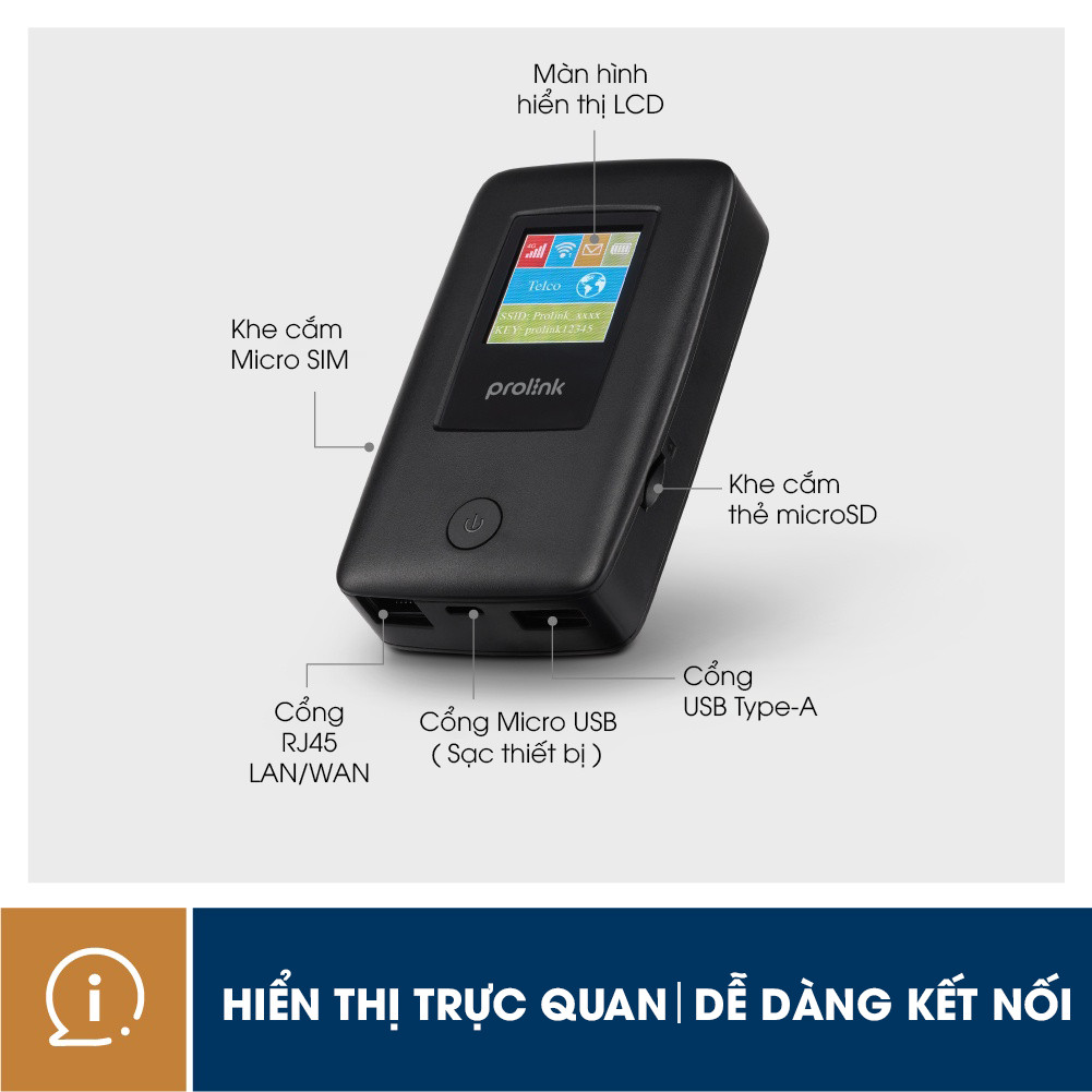 Bộ phát Wifi di động PROLiNK DL7203E, SIM 4G LTE 150Mbps, pin 5200mAH, màn hình 1.44", cổng RJ45, USB 2.0, microSD - Hàng chính hãng