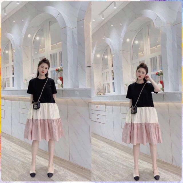 Váy bầu công sở 3 tầng nhún dáng babydoll
