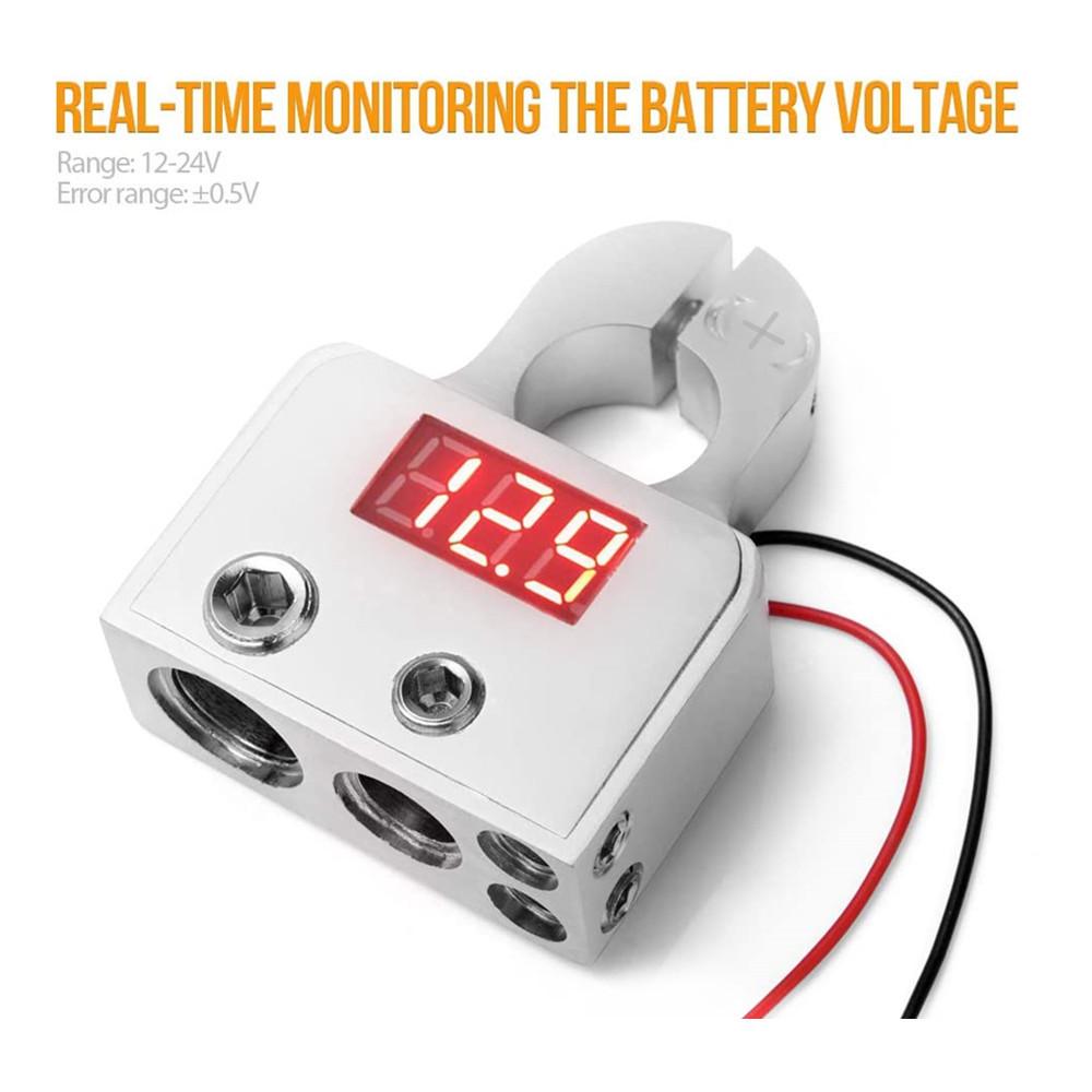 Car Battery Terminal Connectors Positive Negative Battery Terminal Clamps Car Audio Modification Battery Head with Voltmeter 12-24V