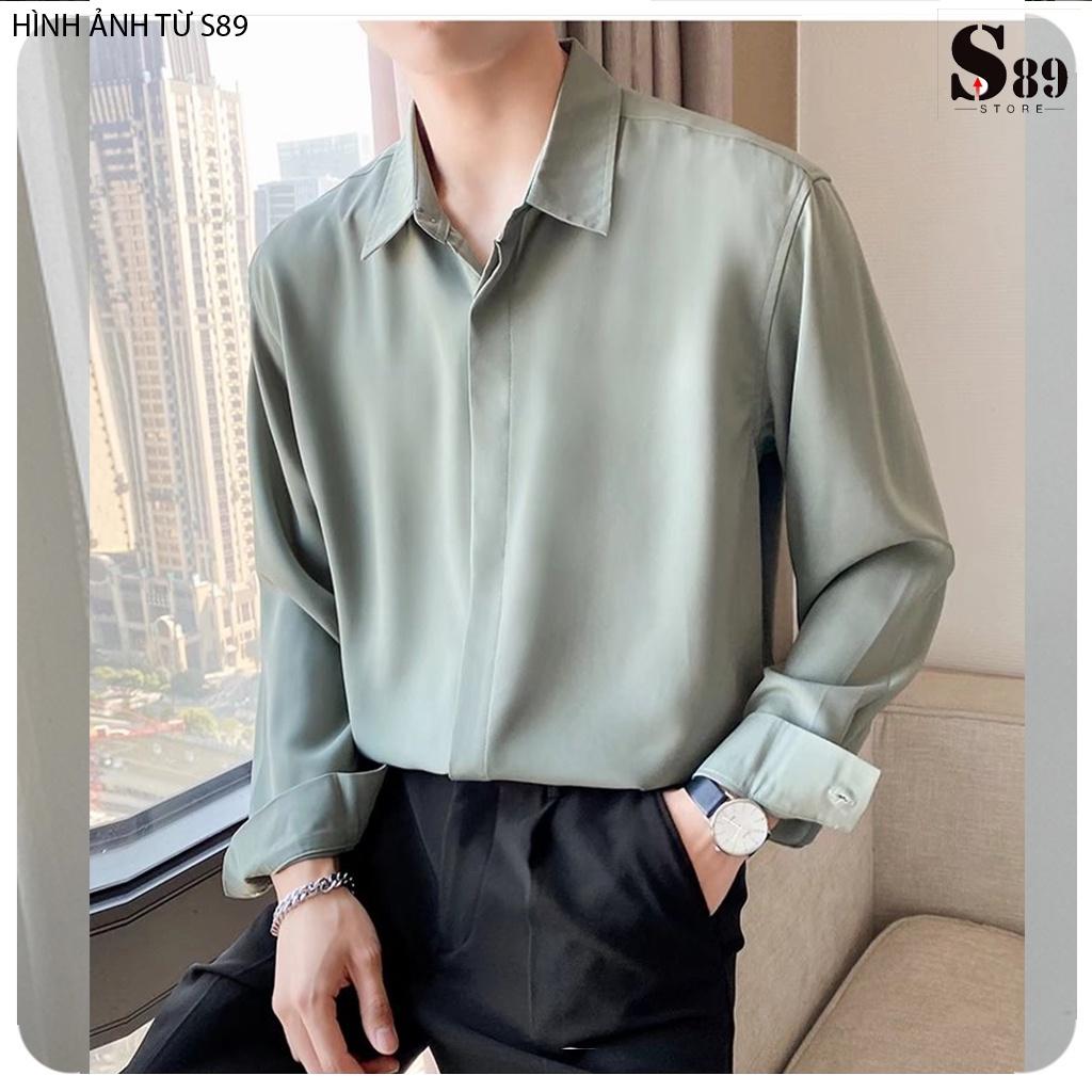 Áo Sơ Mi nam lụa trơn Cao Cấp không nhăn kiểu giấu cúc Đen Trắng Nâu Xám - form đẹp vừa ôm ,suông rộng công sở Hàn Quốc
