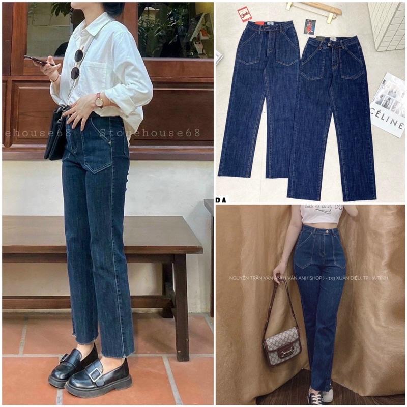 Quần jean nữ suông ống đứng cạp cao túi vuông siêu hót
