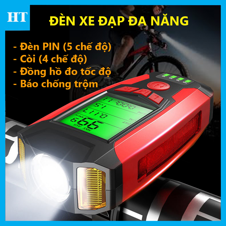 Đèn xe đạp siêu sáng đa năng có Đồng hồ đo tốc độ và Còi cao cấp
