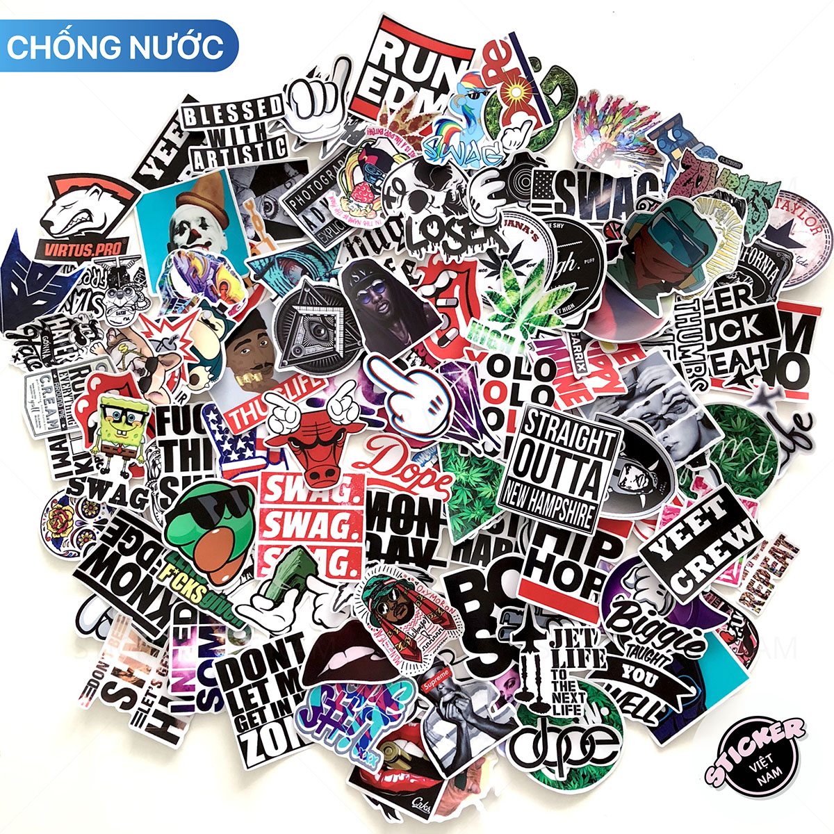 Sticker Swag Ngầu - Chất Liệu PVC Chất Lượng Cao Chống Nước - Kích Thước 4-8cm