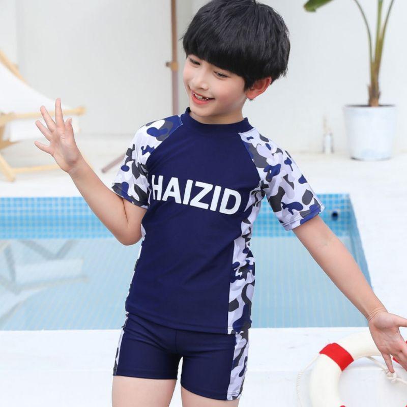 [HOẢ TỐC] Bộ đồ bơi bé trai cộc tay quần đùi kèm mũ bơi hoạ tiết rằn ri Nemo Bikini - BT1 - Xám xanh