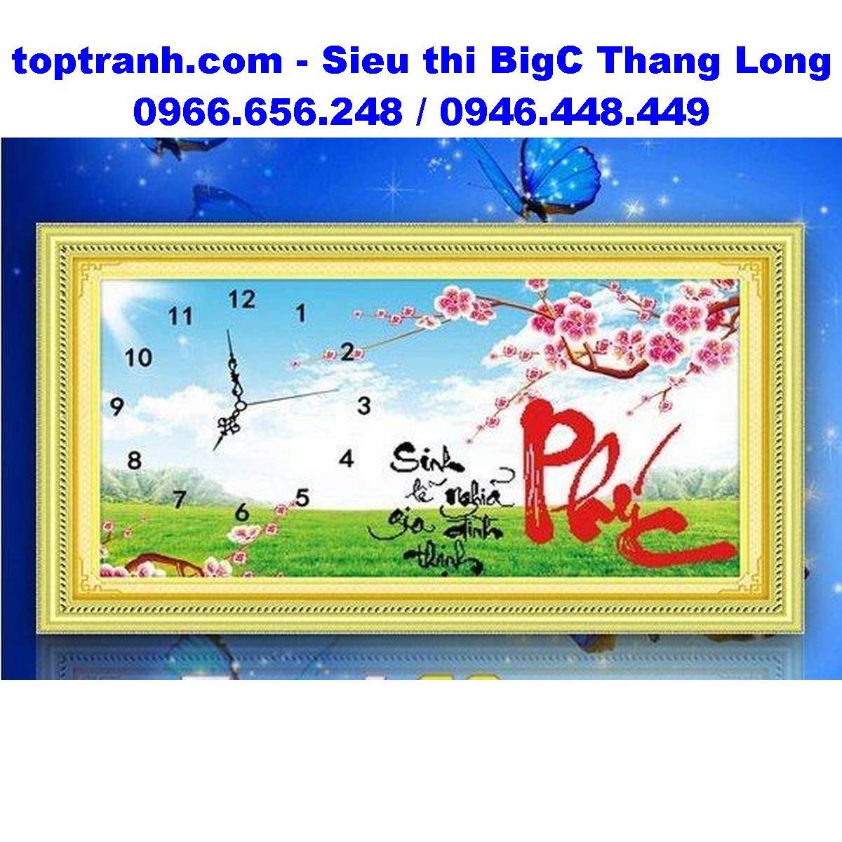 Tranh thêu chữ thập 3D đồng hồ chữ phúc và bình hoa đào 222756 chưa thêu