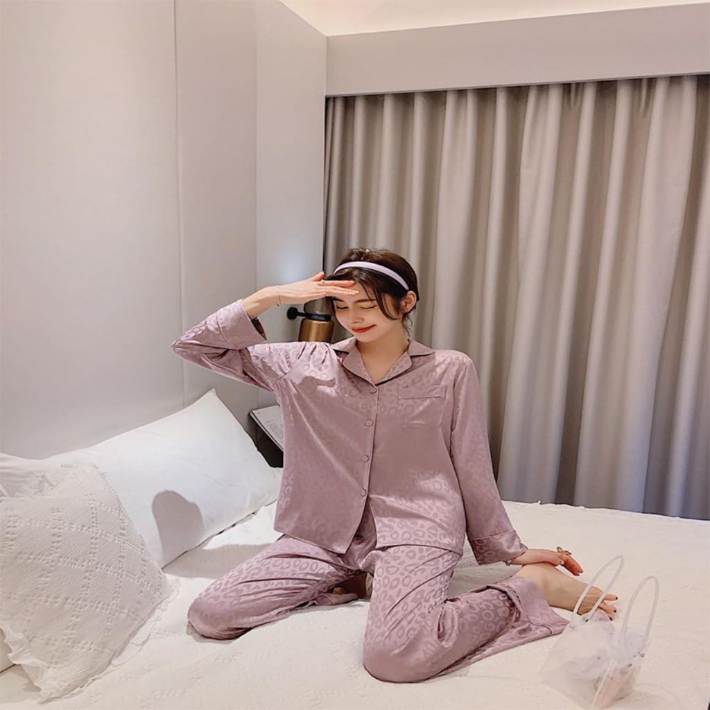 Bộ đồ ngủ, bộ ngủ nữ pijama lụa cao cấp Quảng Châu dài tay họa tiết sang trọng