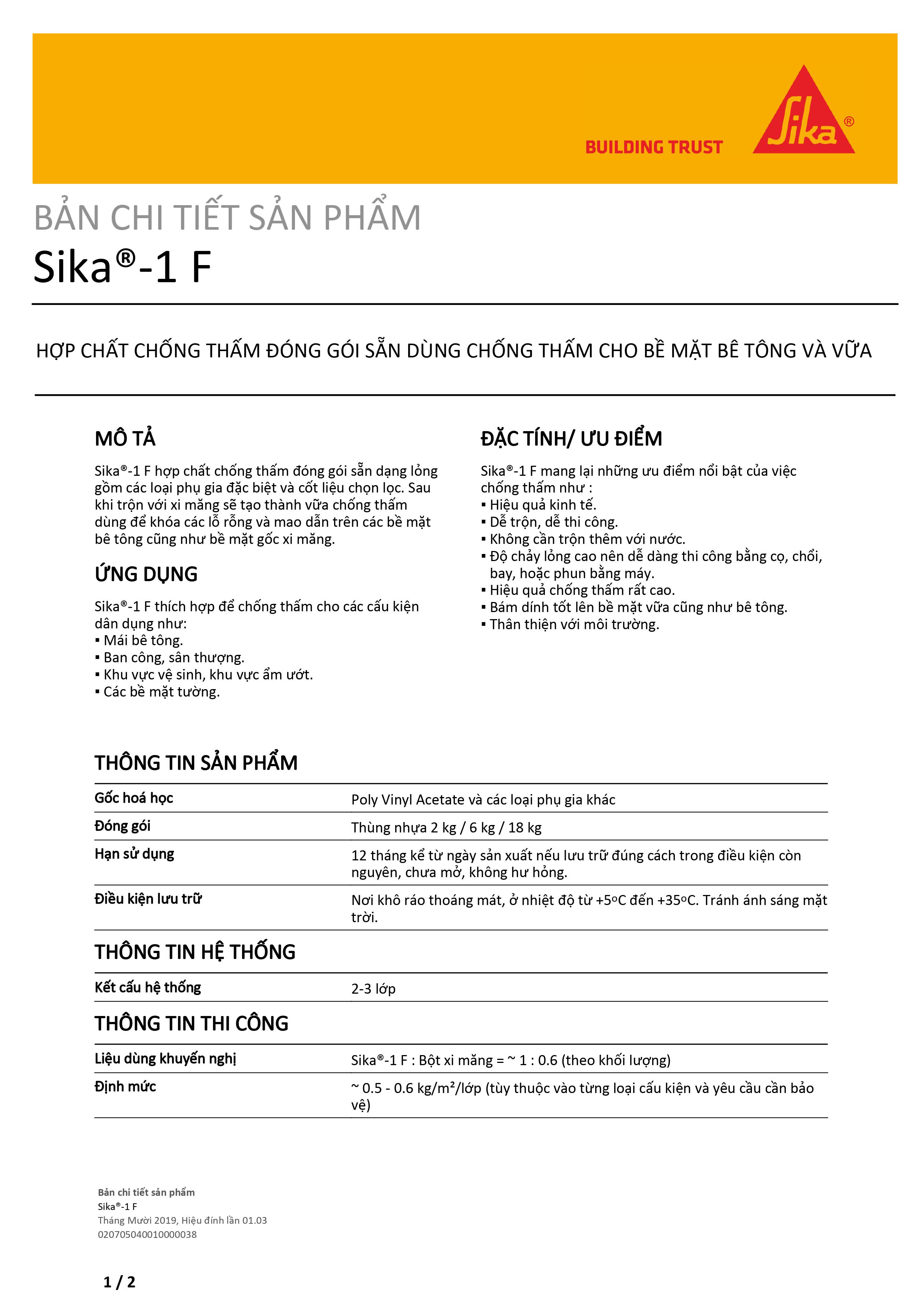 Sika 1F – Chống thấm mái, sân thượng, nhà vệ sinh, seno – 18kg