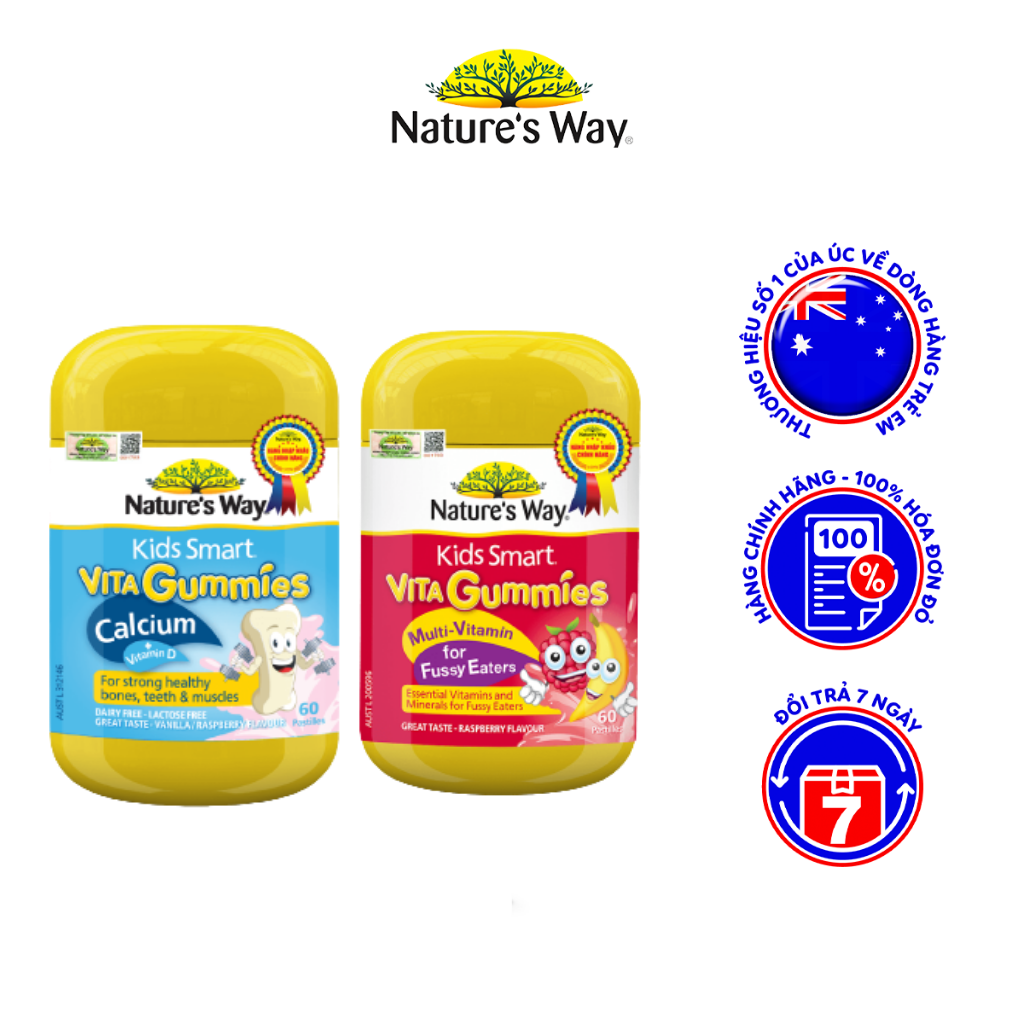 Combo 2 Kẹo Dẻo Cho Bé Nature's Way Kids Smart Vita Gummies Calcium + Vitamin D Và Multi Vitamin for Fussy Eaters