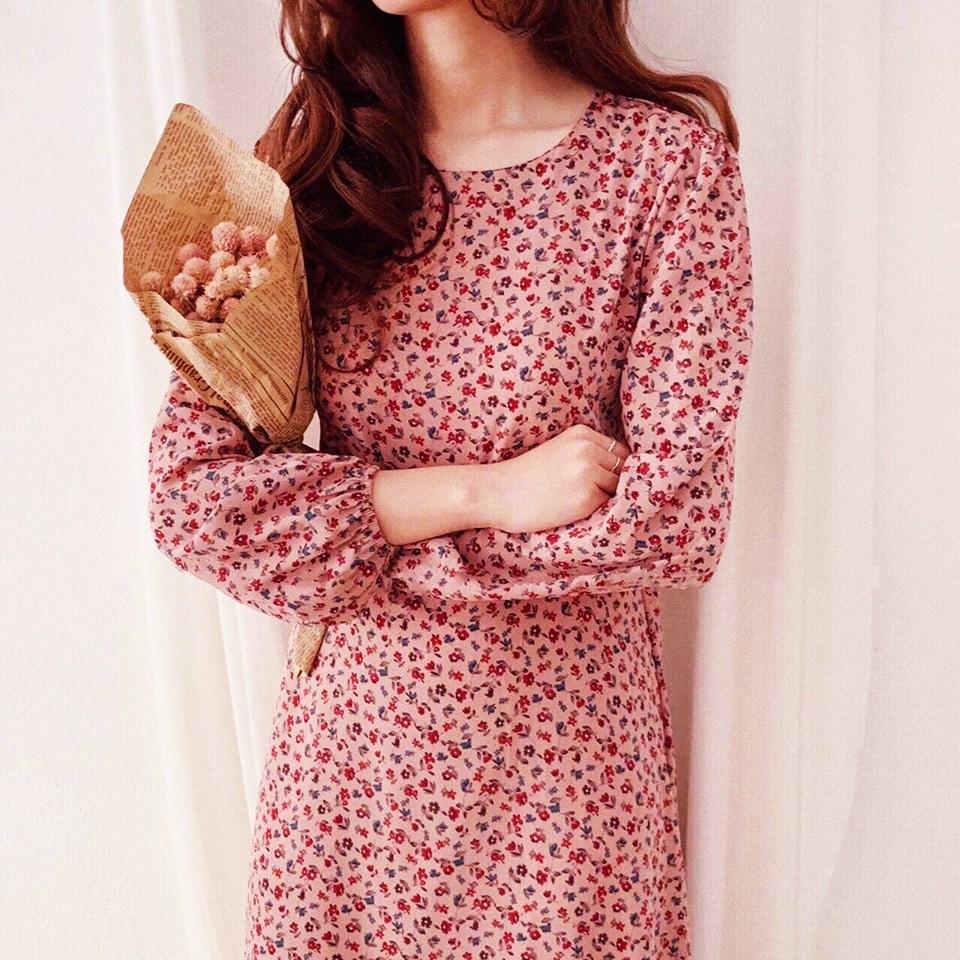 VÁY VINTAGE CỔ TRÒN TAY DÀI, Đầm công sở Quảng Châu màu hồng