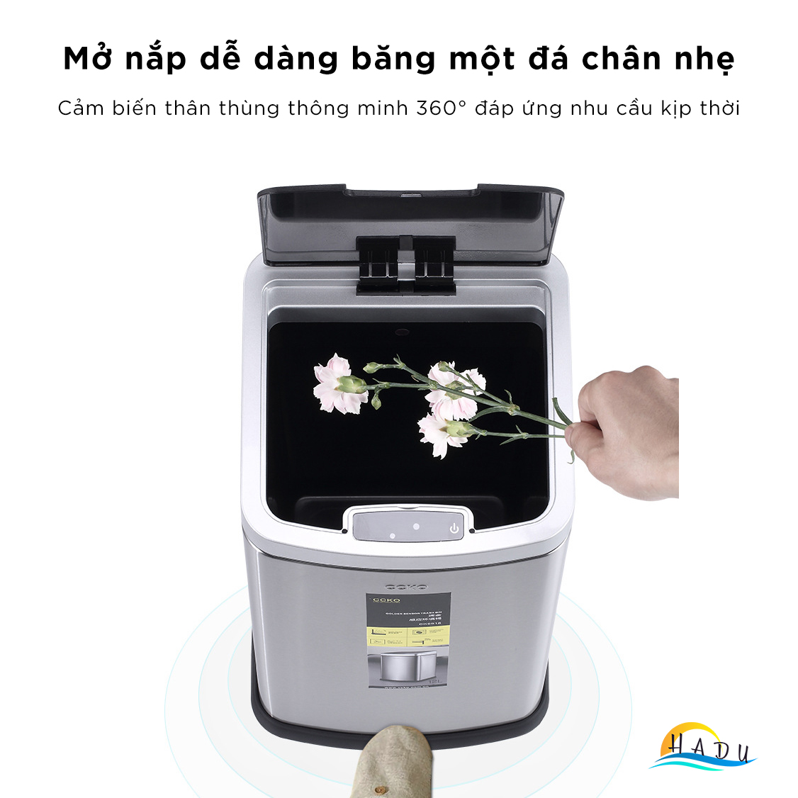 Thùng rác thông minh cao cấp cảm biến tự động đóng mở nắp 360 toàn bộ thân thùng chống ẩm chống bẩm bụi vân tay tốt HADU