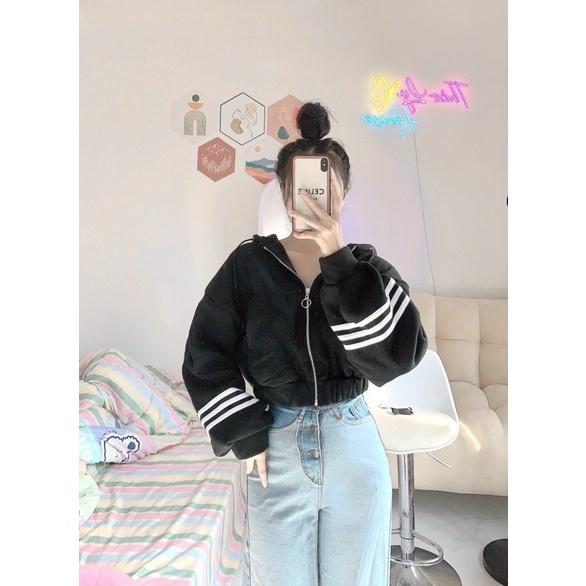 Áo khoác lửng croptop nỉ ngoại sọc tay có nón unisex ulzzang nam nữ