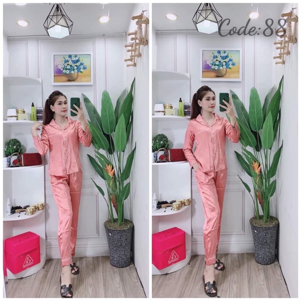 Đồ bộ pijama dài - bộ dài pyjama cao cấp, in họa tiết, vải satin mền mịn, mặc thoáng mát size 45-56kg