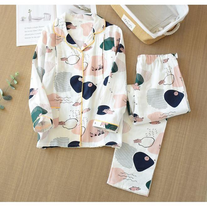 Bộ Đồ Pyjama Bầu Và Sau Sinh Dài Tay Azuno AZ9449 Mặc Mùa Hè Cực Mát Chất Liệu Xô Nhật Cao Cấp