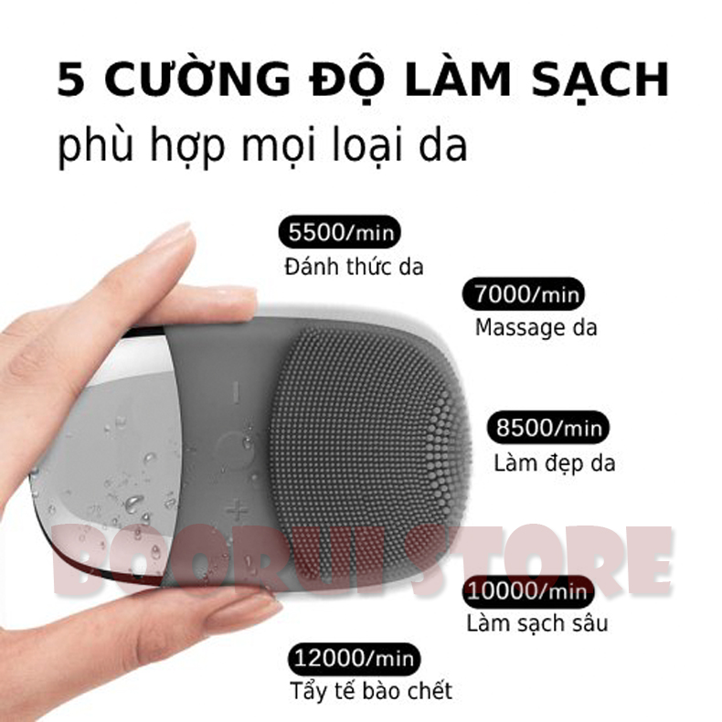 Máy rửa mặt sóng âm cầm tay 3 trong 1 BOORUI 03 : Rung 5 cấp độ hỗ trợ massage, đẩy tinh chất, làm sạch sâu và trẻ hóa làn da - Chất liệu silicone an toàn, kháng nước IPX7