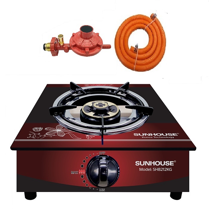 Combo Bếp Gas Dương Đơn Mặt Kính Sunhouse SHB212KG Kèm Van Dây - Hàng Chính Hãng