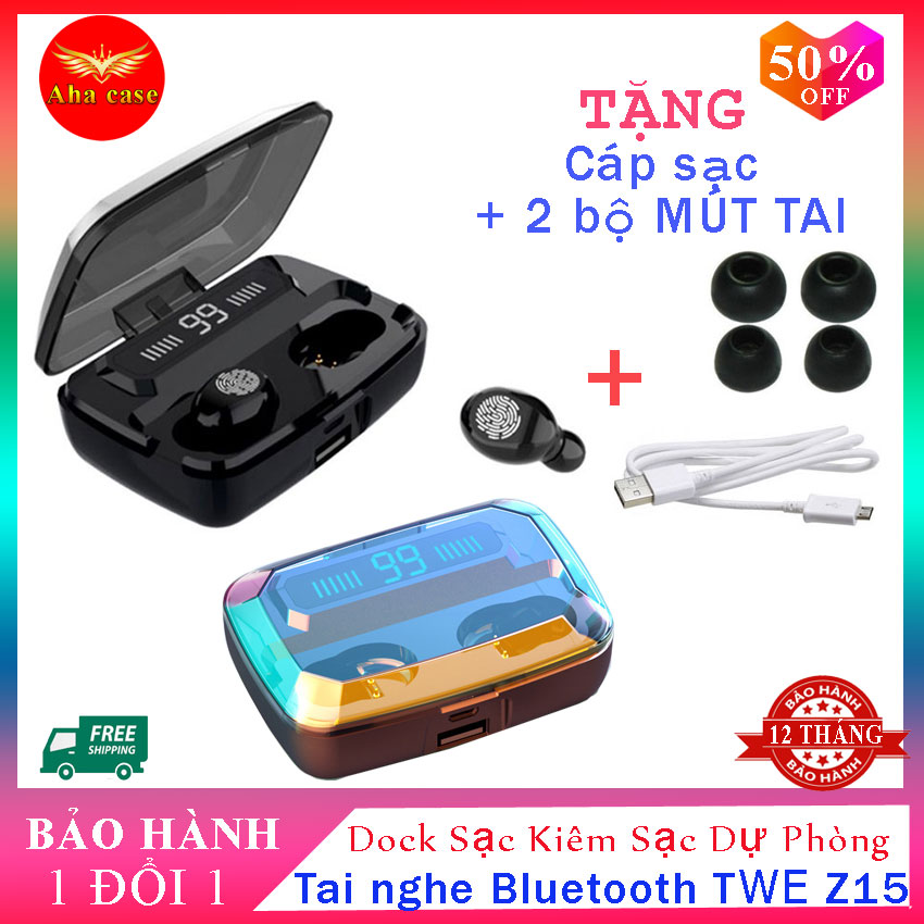 Tai nghe Bluetooth TWE Z15 V5.0 - Wireless có Dock sạc hỗ trợ không dây, chống nước, lọc tiếng ồn, công nghệ Stereo 5,0 bắt sóng tốt