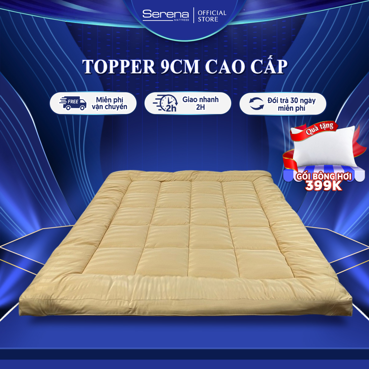 Tấm Làm Mềm Nệm Topper Cotton 9cm Cao cấp SERENA Phiên Bản Màu Xám, Xanh Lá, Đỏ Tấm Đệm Nệm Mát Trải Giường Xuất Nhật