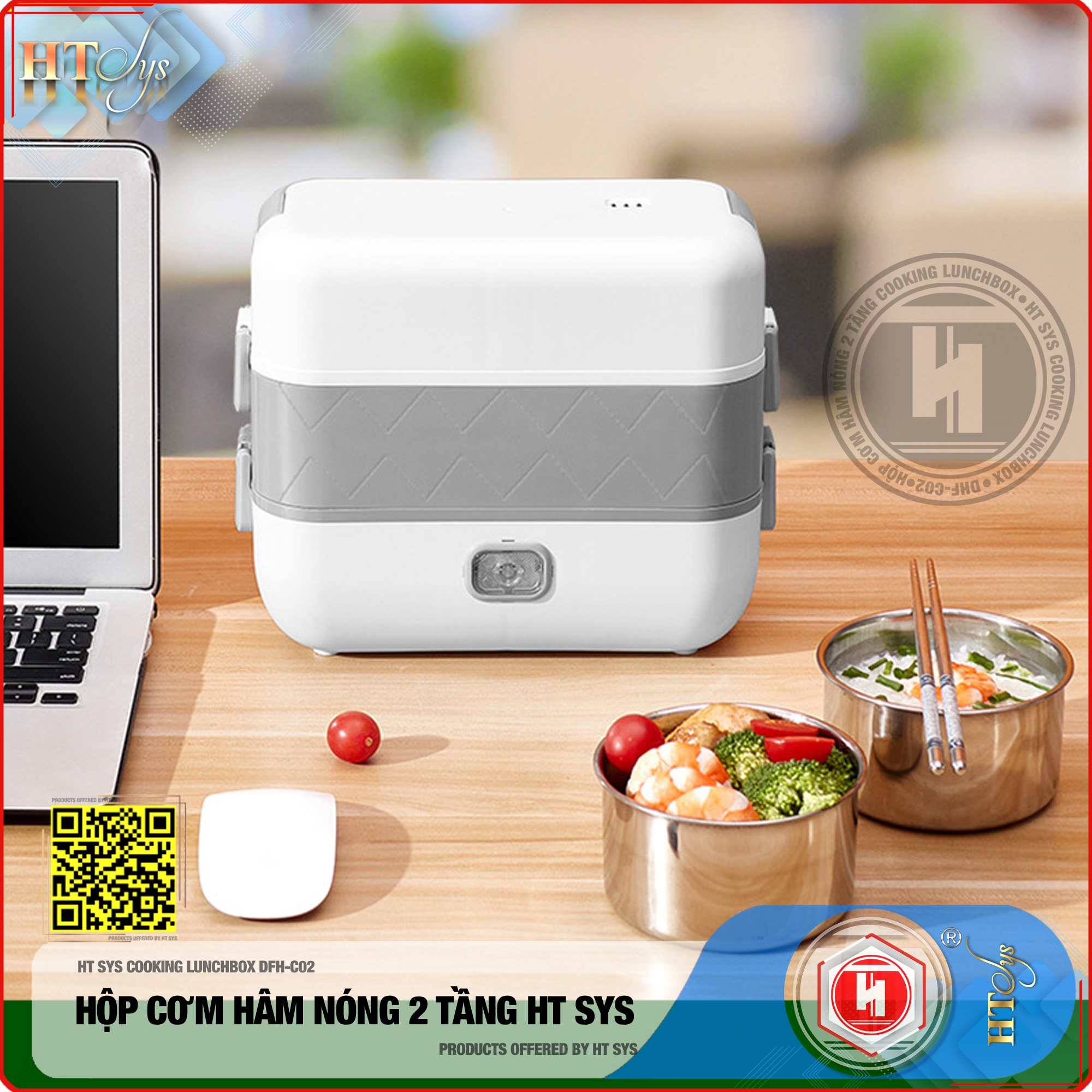 Hộp Cơm Hâm Nóng Cắm Điện HT SYS  - COOKING LUNCHBOX DFH C02 - Hộp Cơm Cắm Điện Có Thể Nấu Chín Và Hâm Nóng Thức Ăn - 2 lít,4 Ngăn - Ruột Bằng Inox SUS304 Cao Cấp - Hàng Nhập Khẩu