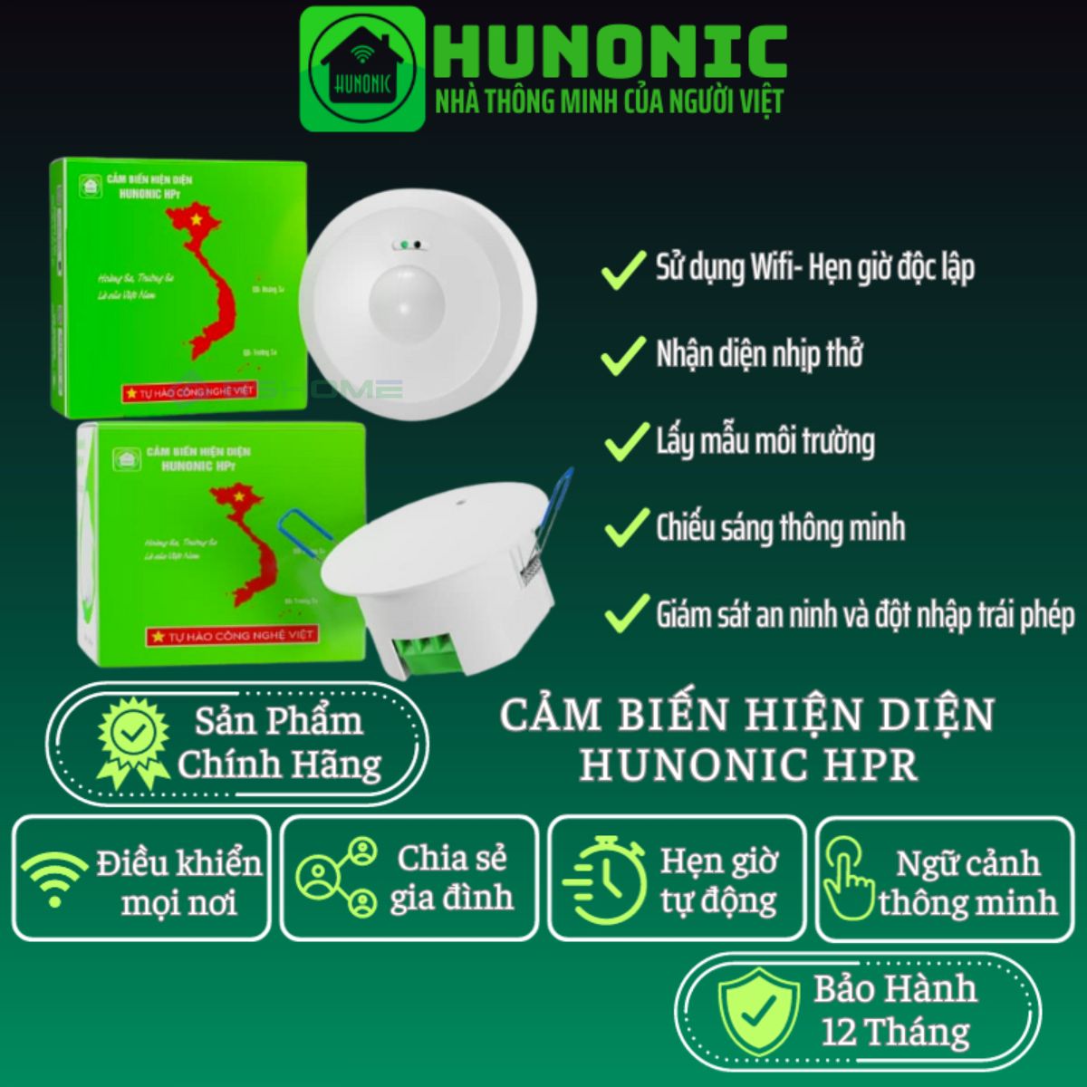 Cảm Biến Hiện Diện Ốp Trần, Âm Trần WiFi Hunonic HPR, Cảm Biến Hơi Thở, Phát Hiện Chính Xác Người, Bật Tắt Đèn Tự Động