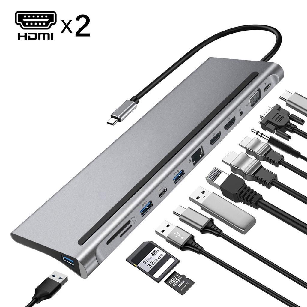 Đế Sạc 12 Trong 1 Cổng Type-C HDMI * 2 VGA Audio TF / SD Ethernet PD USB-C HUB Cho Laptop Macbook pro