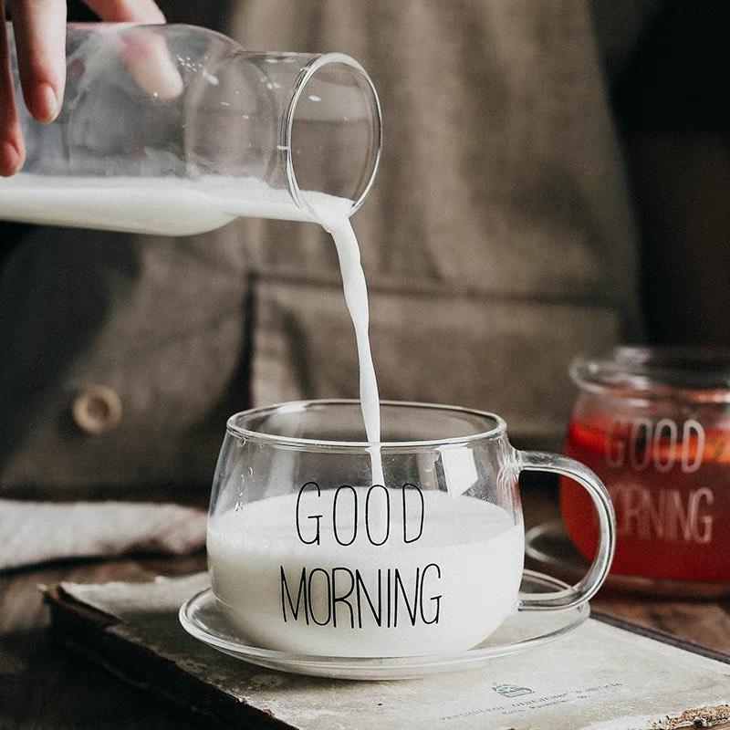 Cốc thủy tinh chịu nhiệt có quai cầm Good Moring - Cốc uống nước, ăn sáng ngũ cốc, uống trà,...