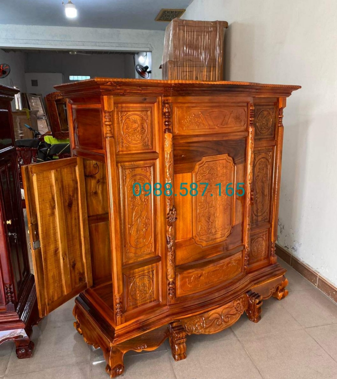 Tủ thờ bụng phệ gỗ tràm,tủ thờ gia tiên khảm trai ngang 1m07