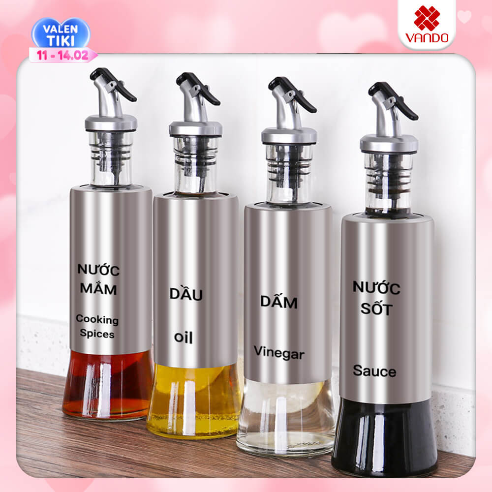 Chai rót dầu ăn, nước tương thủy tinh bọc Inox 304 cao cấp 300ml bằng thủy tinh chai hũ lọ gia vị dụng cụ nhà bếp tiện ích VANDO