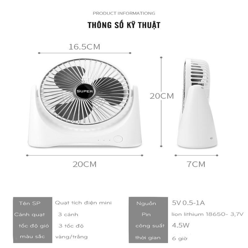 Quạt Tích Điện Mini Để Bàn SUPER FAN Với 3 Cấp Độ Gió, Sạc USB Siêu Tiện Lợi
