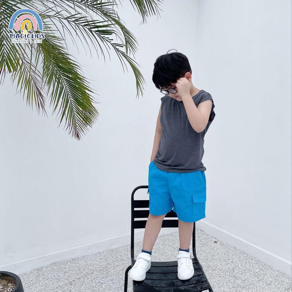 Quần đùi short kaki ngắn cho bé trai 1 2 3 4 5 6 7 tuổi túi ốp dây rút cá tính Magickids Quần áo trẻ em QĐ22004