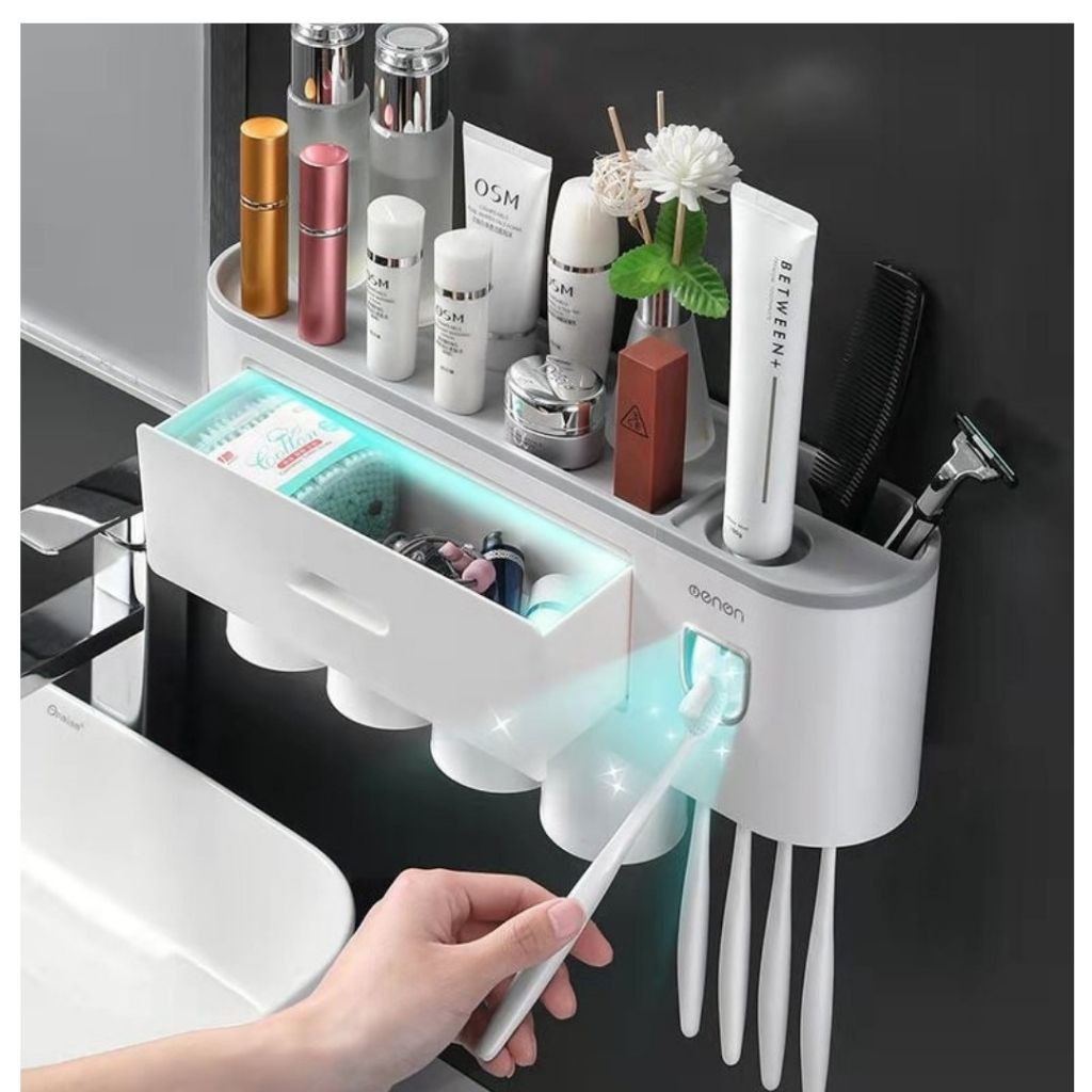 Combo bộ đồ dùng phòng tắm gồm: nhả kem đánh răng tự động, kệ để đồ có ngăn kéo, giá treo bàn chải đánh răng thiết kế dán tường bằng miếng dán cường lực silicon siêu chắc GIẢM GIÁ SỐC