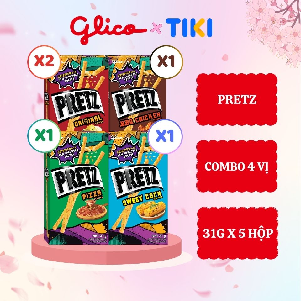 Bánh que nướng giòn 4 vị GLICO Pretz (Combo 5 hộp - 2 Khoai tây 1 BBQ Gà 1 Pizza 1 Bắp)