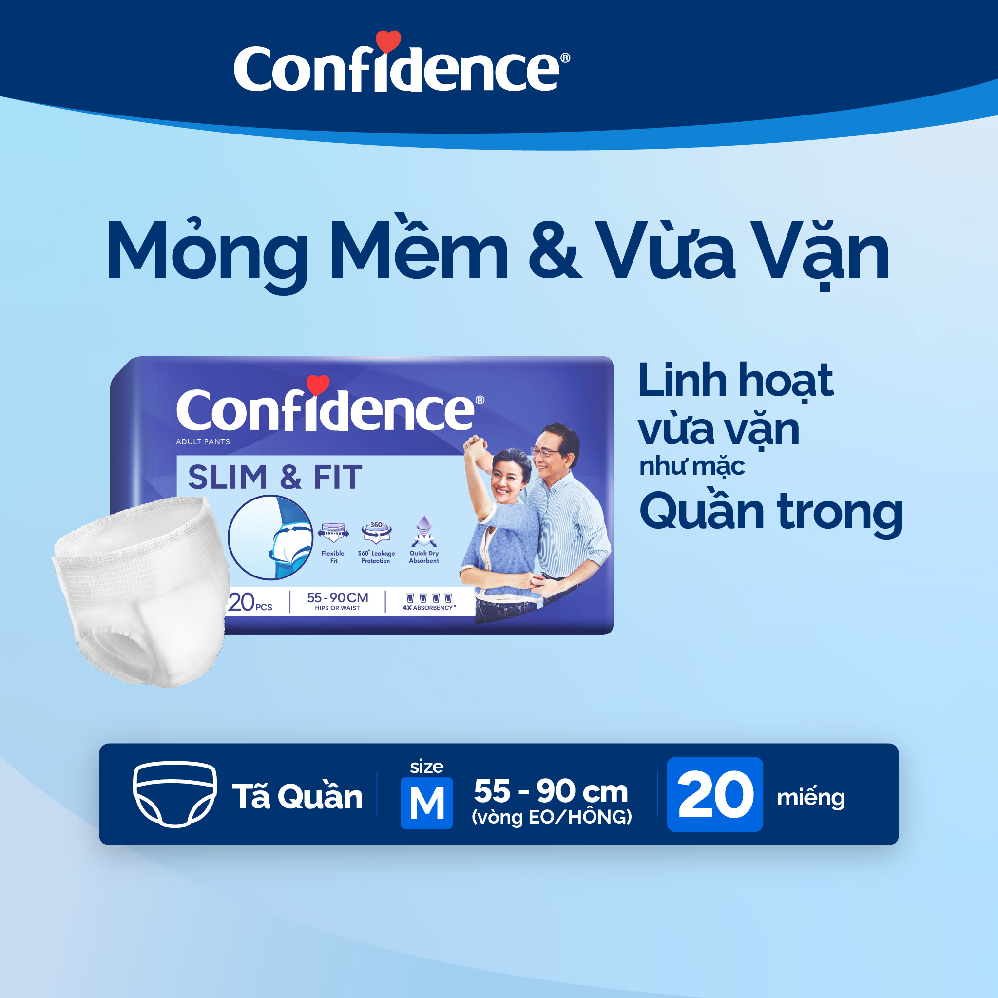 Tã quần Người Lớn Confidence Slim &amp; Fit size M20 (20 miếng)