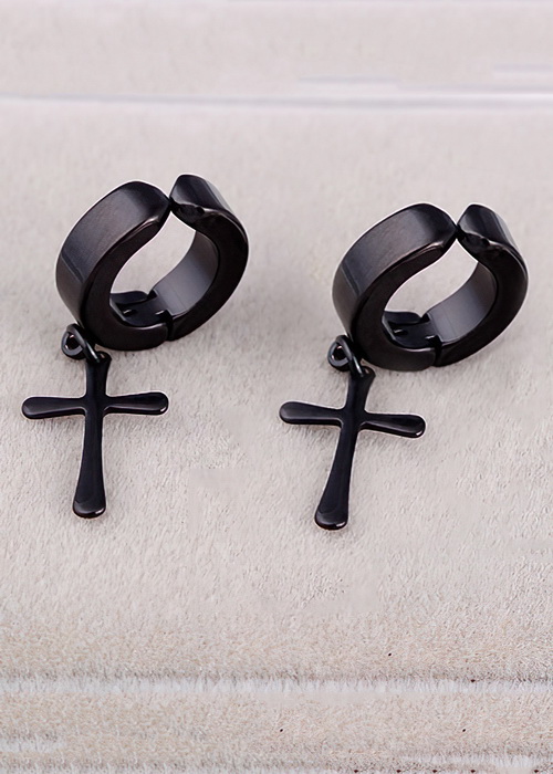 Bông tai kẹp thánh giá tòn ten BT380, Khuyên tai thánh giá kẹp thời trang unisex - Màu đen