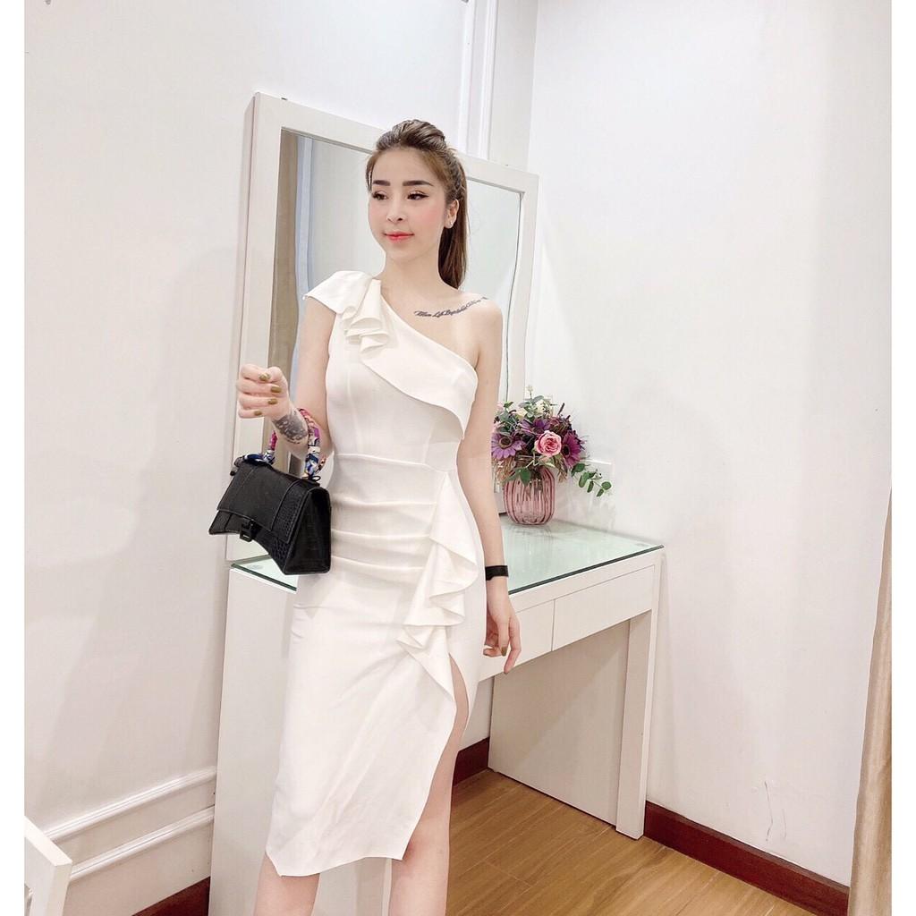 Đầm body dự tiệc lệch vai phối bèo