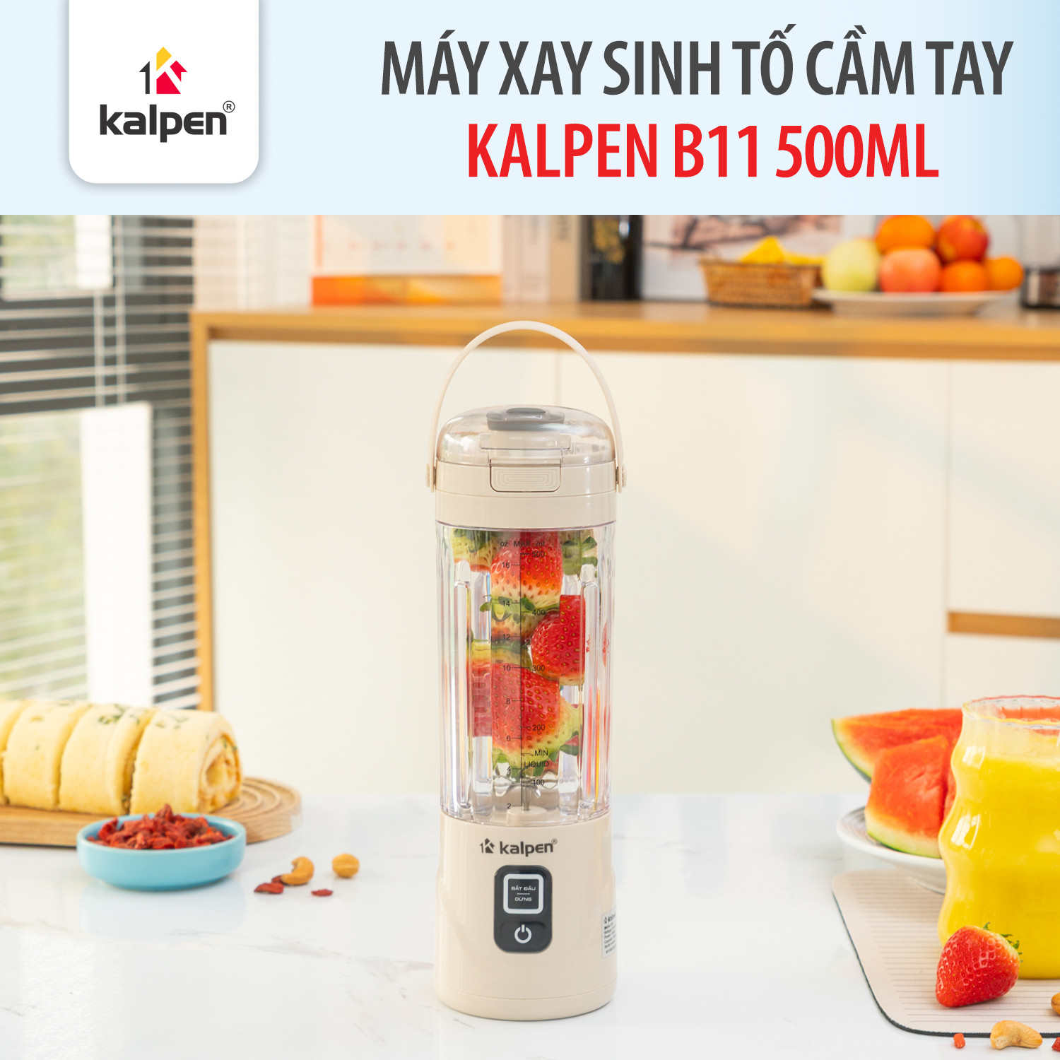 Máy xay sinh tố cầm tay không dây Kalpen B11 công suất 150W dung tích 500ml pin sạc lithium 4000mAh Hàng chính hãng